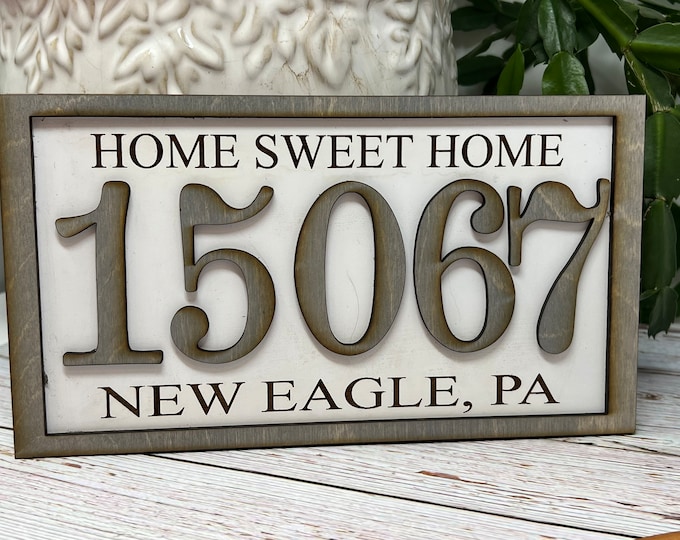 Featured listing image: Zip Code sign, home sweet home sign, town name sign, zip code gift for couple, housewarming sign, zip code decor for neighbor moving gift