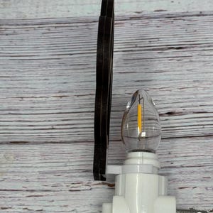 May include: A white night light with a clear, teardrop-shaped bulb containing a yellow filament. A dark brown, decorative element is attached to the side. The night light has a standard two-prong plug.