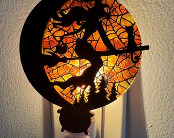 Halloween Night Light, Halloween decor, witch night light, witch Halloween decor, unique gift for her, witch on broom, Halloween light cover