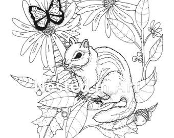 Adult Coloring Page - Chipmunk and Butterfly DIGITAL DOWNLOAD - Punch Needle Pattern