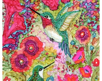 Alcohol Ink Illustration/Painting. High-quality Print from Original Hummingbirds and Flowers. Wall Decor.