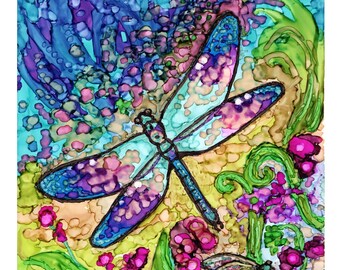 Alcohol Ink Illustration/Painting. High-quality Print from Original Dragonfly. Wall Decor.