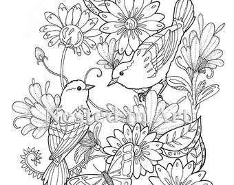Adult Coloring Page - 2 Birds and Butterfly floral design Digital Download