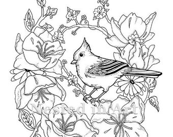 Punch Needle Pattern - Coloring Book page - Tufted Titmouse and flowers