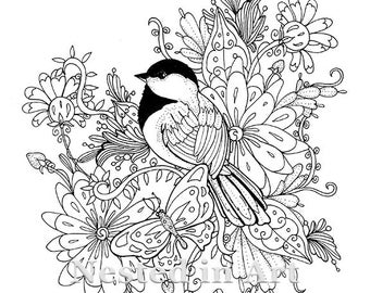 Adult Coloring Page - Chickadee with Butterfly and flowers Digital Download