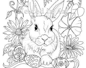 NEW Bunny, Eggs, Hummingbird, Bee - Easter Bunny Digital Download Coloring Page