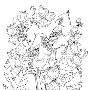 May include: A black and white line drawing of two cardinals perched on a branch with dogwood blossoms. The birds are facing each other and the flowers are in full bloom.
