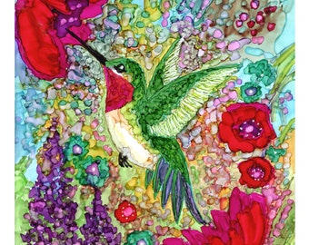 Alcohol Ink Illustration/Painting. High-quality Print from Original Hummingbird and Flowers. Wall Decor.
