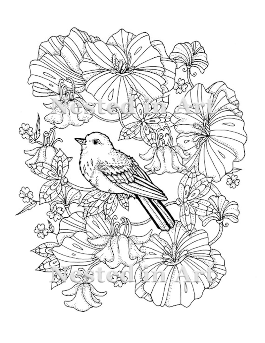 Punch Needle Pattern Coloring Book Page Bird and Flowers - Etsy