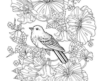 Punch Needle Pattern - Coloring Book page - Bird and flowers