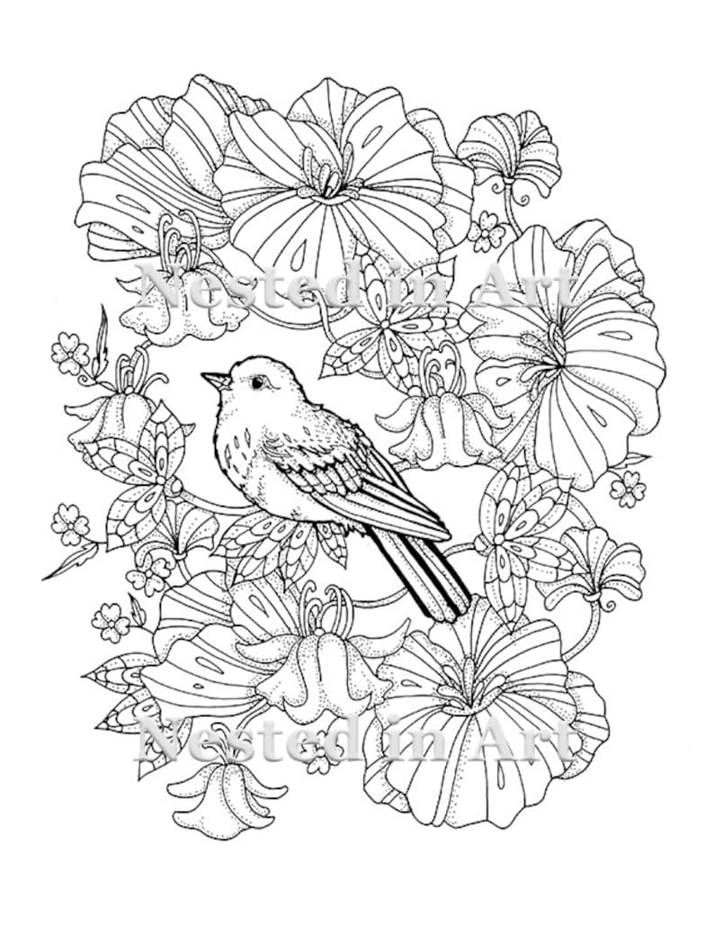 Download Punch Needle Pattern Coloring Book page Bird and flowers | Etsy