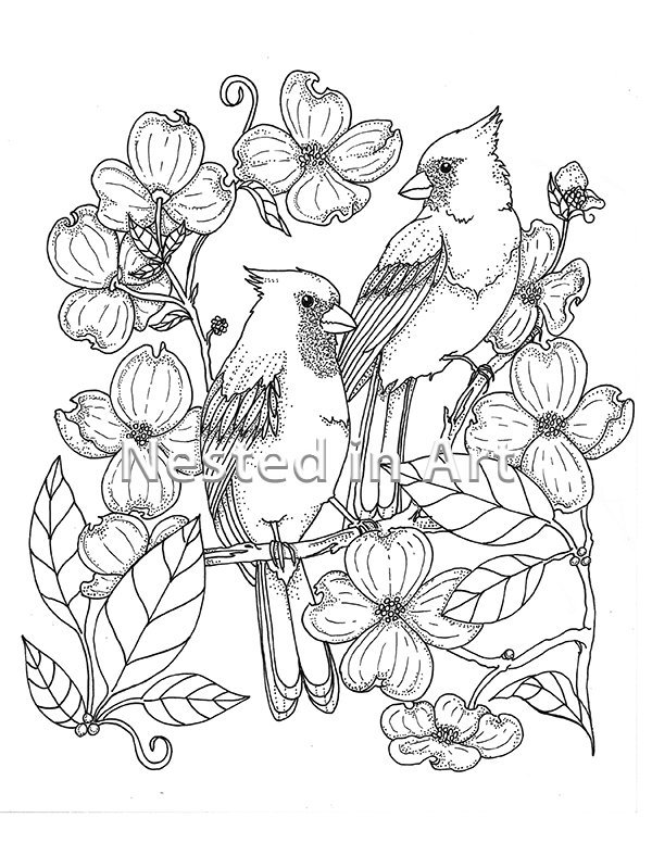 Punch Needle Pattern Coloring Book Page Tufted Titmouse and Flowers 