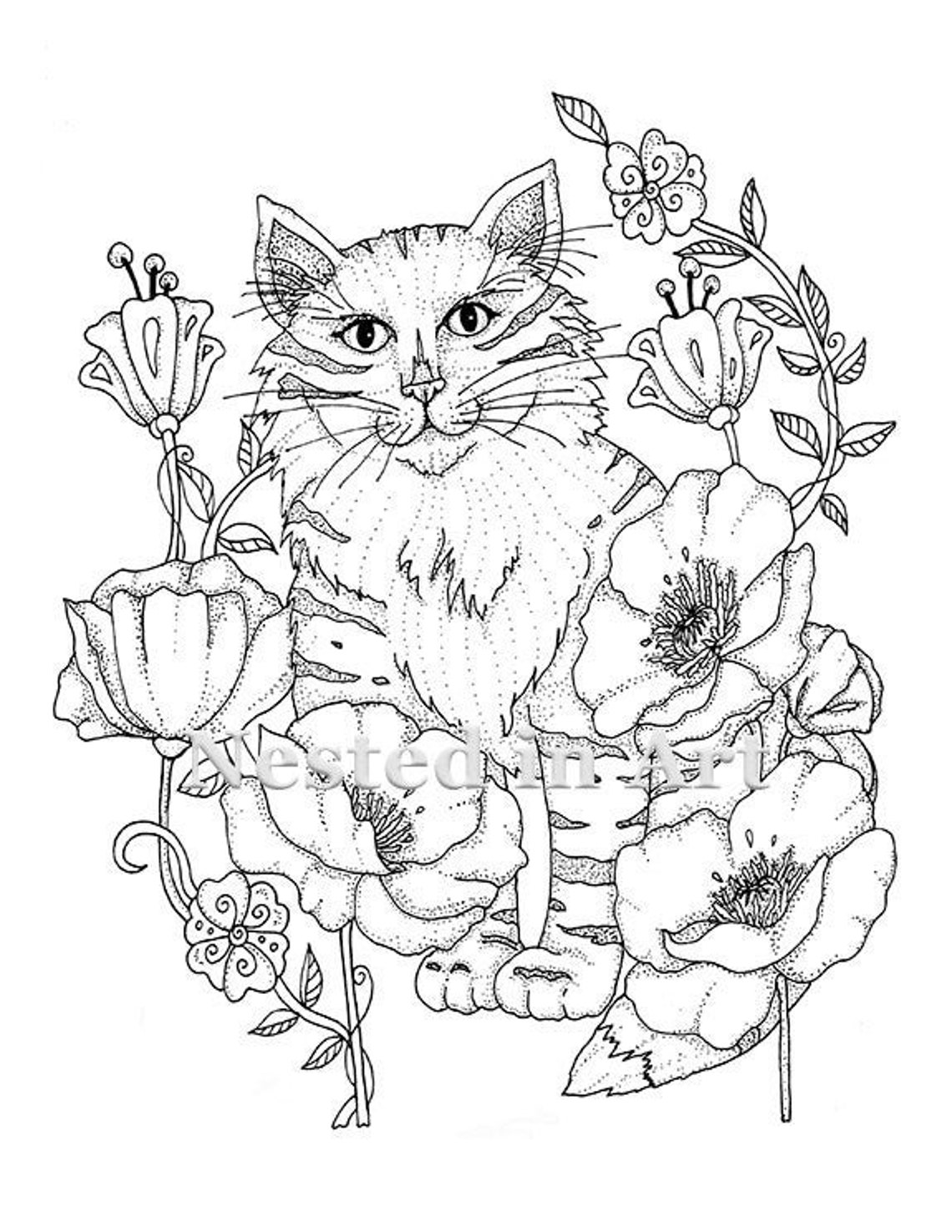 Punch Needle Pattern Coloring Book Page Kitty Cat - Etsy