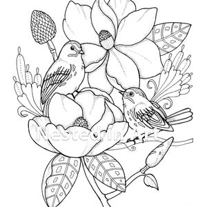 Punch Needle Pattern Coloring Book page Birds with Magnolias original art Digital Download image 1
