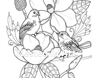 Punch Needle Pattern - Coloring Book page - Birds with Magnolias original art Digital Download