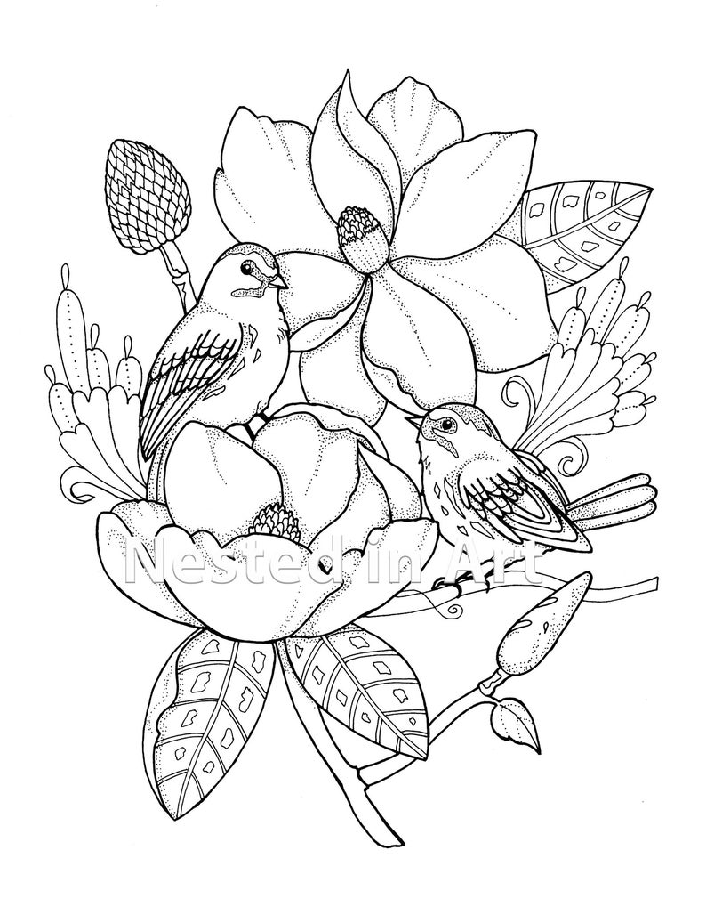 Punch Needle Pattern Coloring Book page Birds with Magnolias original art Digital Download image 1