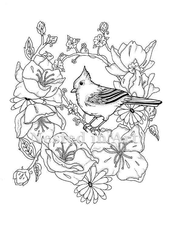 Punch Needle Pattern Coloring Book Page Tufted Titmouse and Flowers 