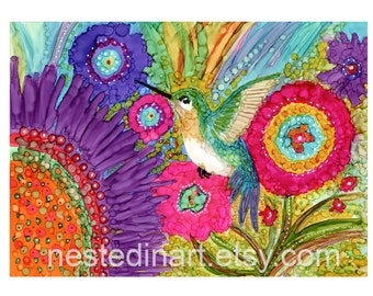 Alcohol Ink Illustration/Painting. High-quality Print from Original Hummingbird and Flowers. Wall Decor.