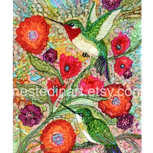 Alcohol Ink Illustration/Painting. High-quality Print from Original Hummingbirds and Flowers. Wall Decor. image 1