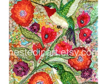 Alcohol Ink Illustration/Painting. High-quality Print from Original Hummingbirds and Flowers. Wall Decor.