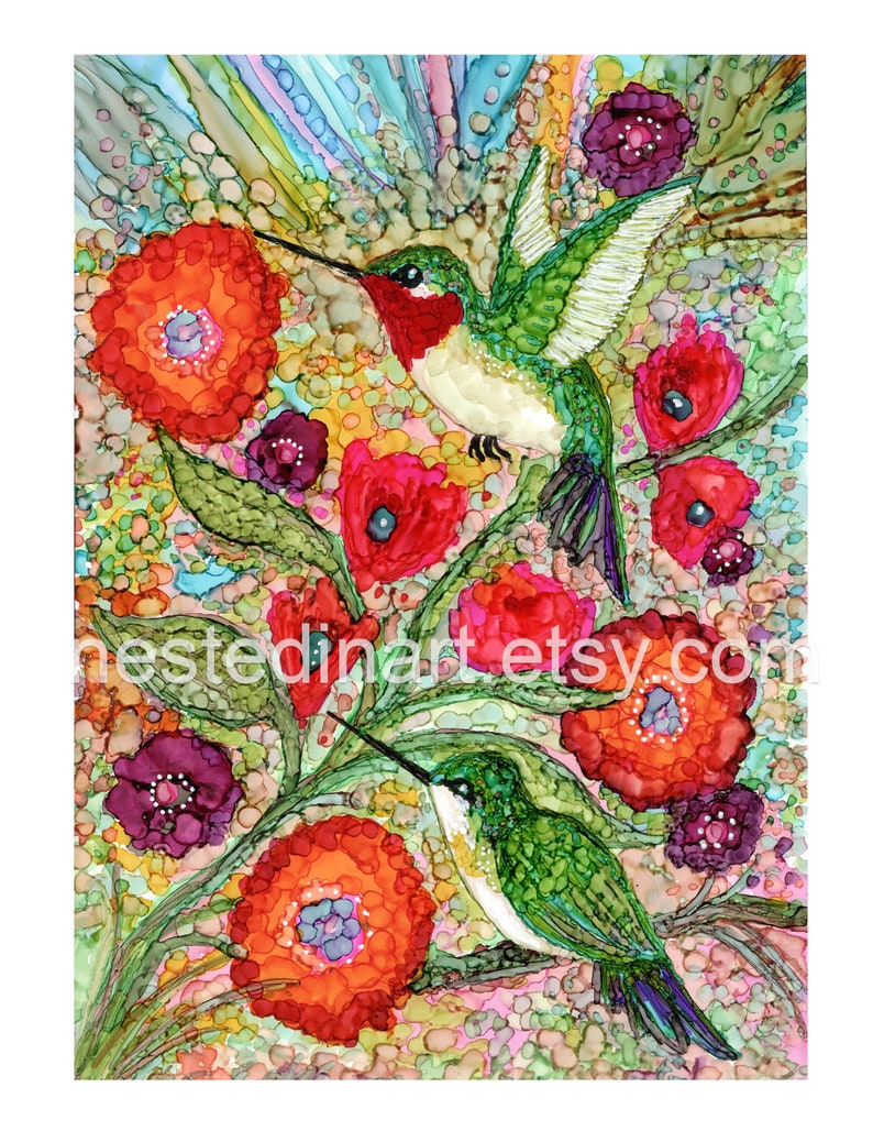 Alcohol Ink Illustration/Painting. High-quality Print from Original Hummingbirds and Flowers. Wall Decor. image 1