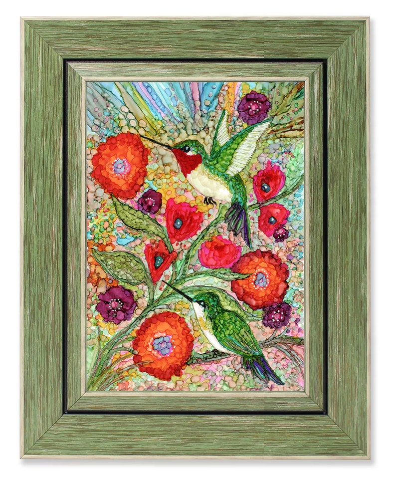 Alcohol Ink Illustration/Painting. High-quality Print from Original Hummingbirds and Flowers. Wall Decor. image 3