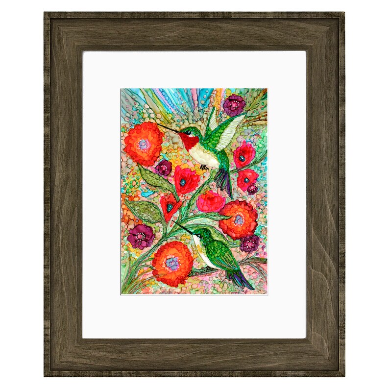 Alcohol Ink Illustration/Painting. High-quality Print from Original Hummingbirds and Flowers. Wall Decor. image 2