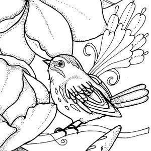 Punch Needle Pattern Coloring Book page Birds with Magnolias original art Digital Download image 2