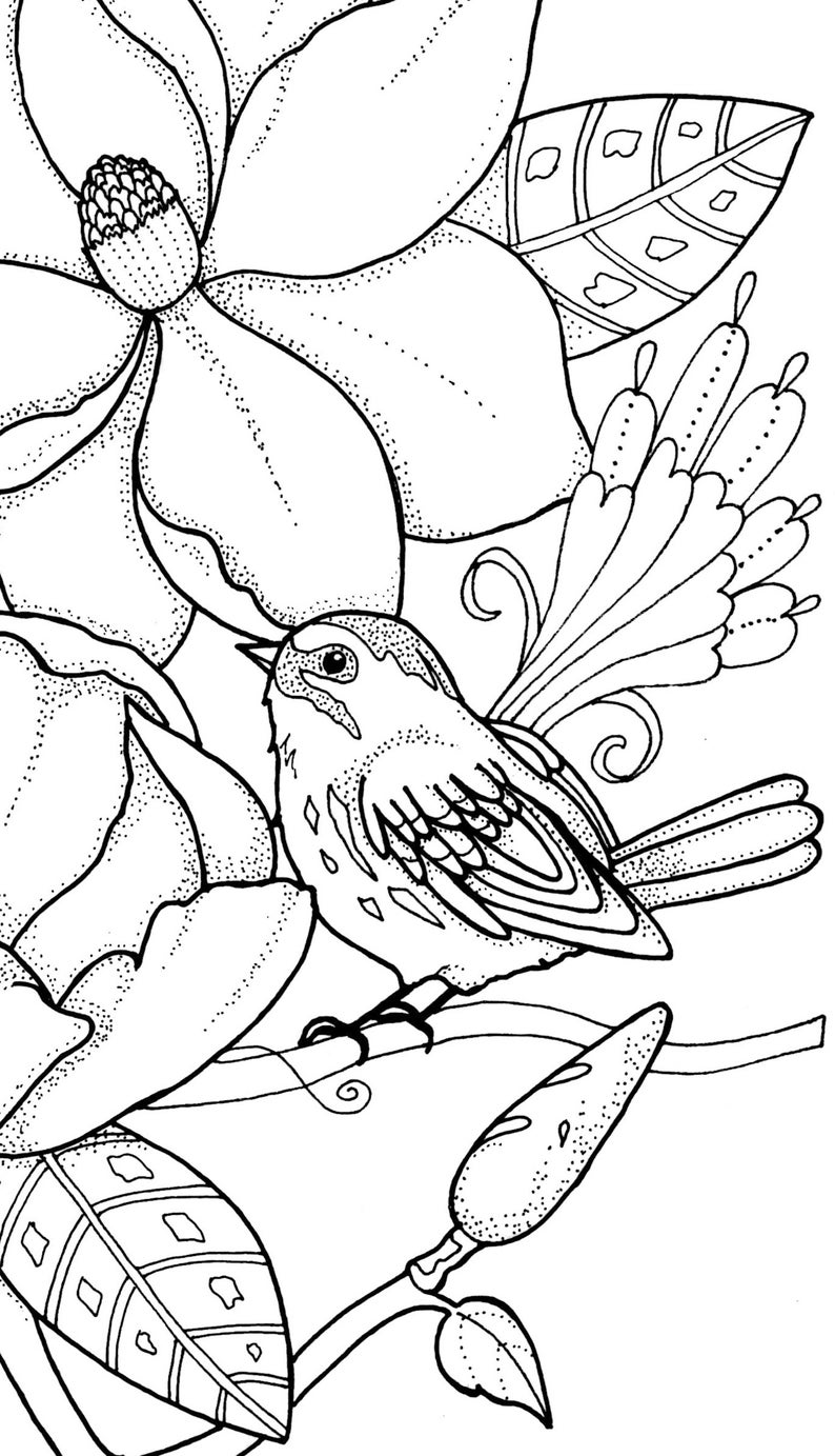 Punch Needle Pattern Coloring Book page Birds with Magnolias original art Digital Download image 2