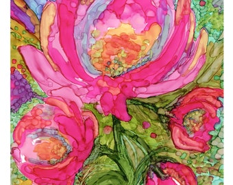 Alcohol Ink Illustration/Painting. High-quality Print from Original Peony Flowers. Wall Decor.
