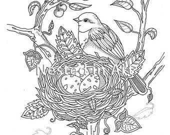 Adult Coloring Page - Bird with bird's nest original art Digital Download