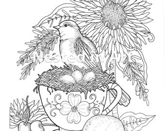 Adult Coloring Page - Bird on Teacup Digital Download