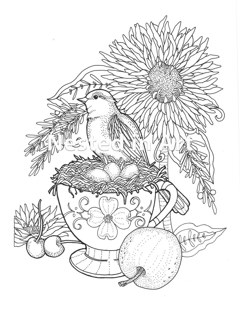 Adult Coloring Page Bird on Teacup Digital Download image 1