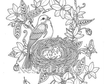 Punch Needle Pattern - Coloring Book page - Bird and Nest, Butterfly