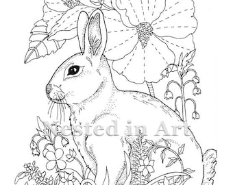 Adult Coloring Page - Bunny and Hibiscus Digital Download
