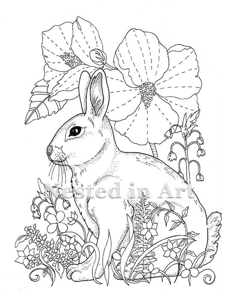 Adult Coloring Page Bunny and Hibiscus Digital Download image 1