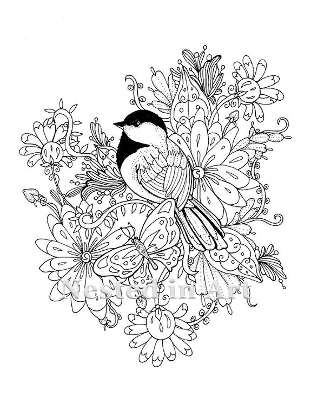 Coloriage Aquarelle Adulte à Imprimer Coloriage adulte Mésange avec papillon et fleurs Digital - Etsy Canada