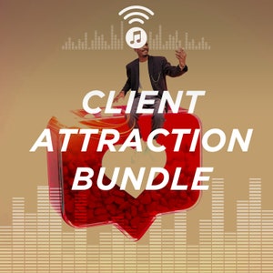 Op de afbeelding: Een rode hartvormige spraakballon met de tekst "CLIENT ATTRACTION BUNDLE" in wit. Een man in een zwart pak en een wit overhemd zit op de spraakballon en houdt een telefoon in zijn rechterhand. De achtergrond is lichtbruin met een witte muzieknoten en een wifi-symbool bovenaan.