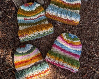 CUSTOMIZABLE, Hand Knit, Colorful, National Parks Themed, Scrap Yarn Chunky Beanie