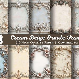 Creme Beige verzierte Rahmen, digitales Papier, scrapbook, Junk Journal, bündeln, druckbare Bilder, Rokoko, Barock, Bilderrahmen, neutral
