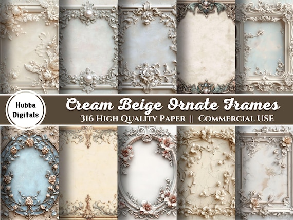 Cream Beige Ornate Frames, Digital Paper, Scrapbook, Junk Journal