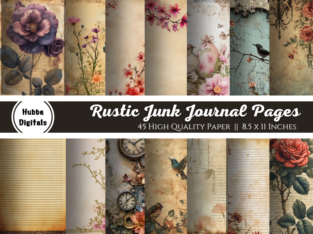 Rustic Notebook Page Junk Journal Pages | Rustic Style | 45 Digital Paper | Scrapbook ...