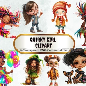 Quirky Girl Clipart, Commercial Use, Whimsical Ephemera, 28 Watercolor PNGs, Instant Download, Fantasy Junk Journal, Paper Craft, Cute Doll