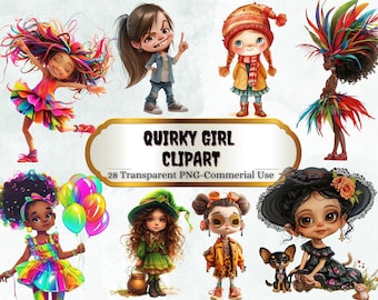 Quirky Girl Clipart, Commercial Use, Whimsical Ephemera, 28 Watercolor PNGs, Instant Download, Fantasy Junk Journal, Paper Craft, Cute Doll