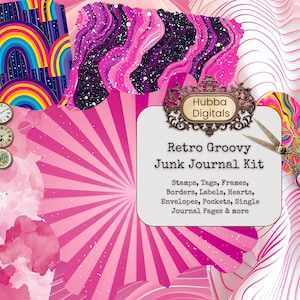 Kit de journal indésirable groovy rétro, motif de fond esthétique, motif groovy sans couture, papier de scrapbooking numérique, deux groovy, un groovy, anniversaire