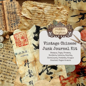 Kit di diario antico cinese Junk, collage di calligrafia cinese invecchiata, pagine di album di ritagli di effimeri asiatici, texture di arte cinese, carta giapponese