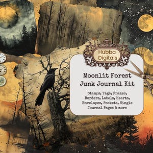 Creepy Moonlit Forest Junk Journal Kit, Dark Fantasy Black Junk journal Kit, Halloween Digi Kit Gothic Digital Paper Collage Sheet Printable