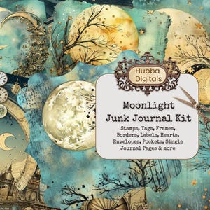 Kit Moonlight Junk Journal, kit stampabile digitale, foglio collage stampabile celeste con luna e sole, carta per scrapbooking di alta qualità