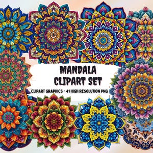 May include: A set of 10 colourful mandala clipart graphics. The mandalas are intricate and detailed, with a variety of colours and patterns. The mandalas are perfect for adding a touch of bohemian style to your projects.