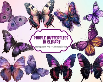 Watercolor Purple Butterfly Clipart, Wedding Clipart, Transparent Background, 18 Butterflies Clipart, Spring Clipart, Purple Florals,Sticker